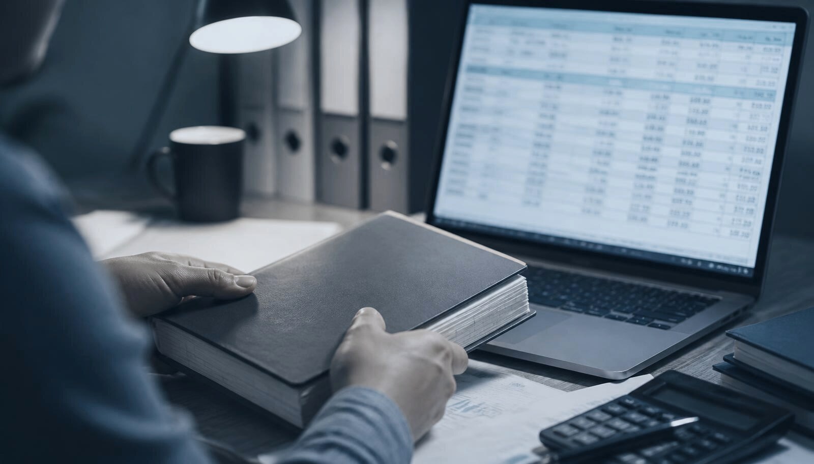 Hands closing a ledger book beside a laptop showing a reconciliation table