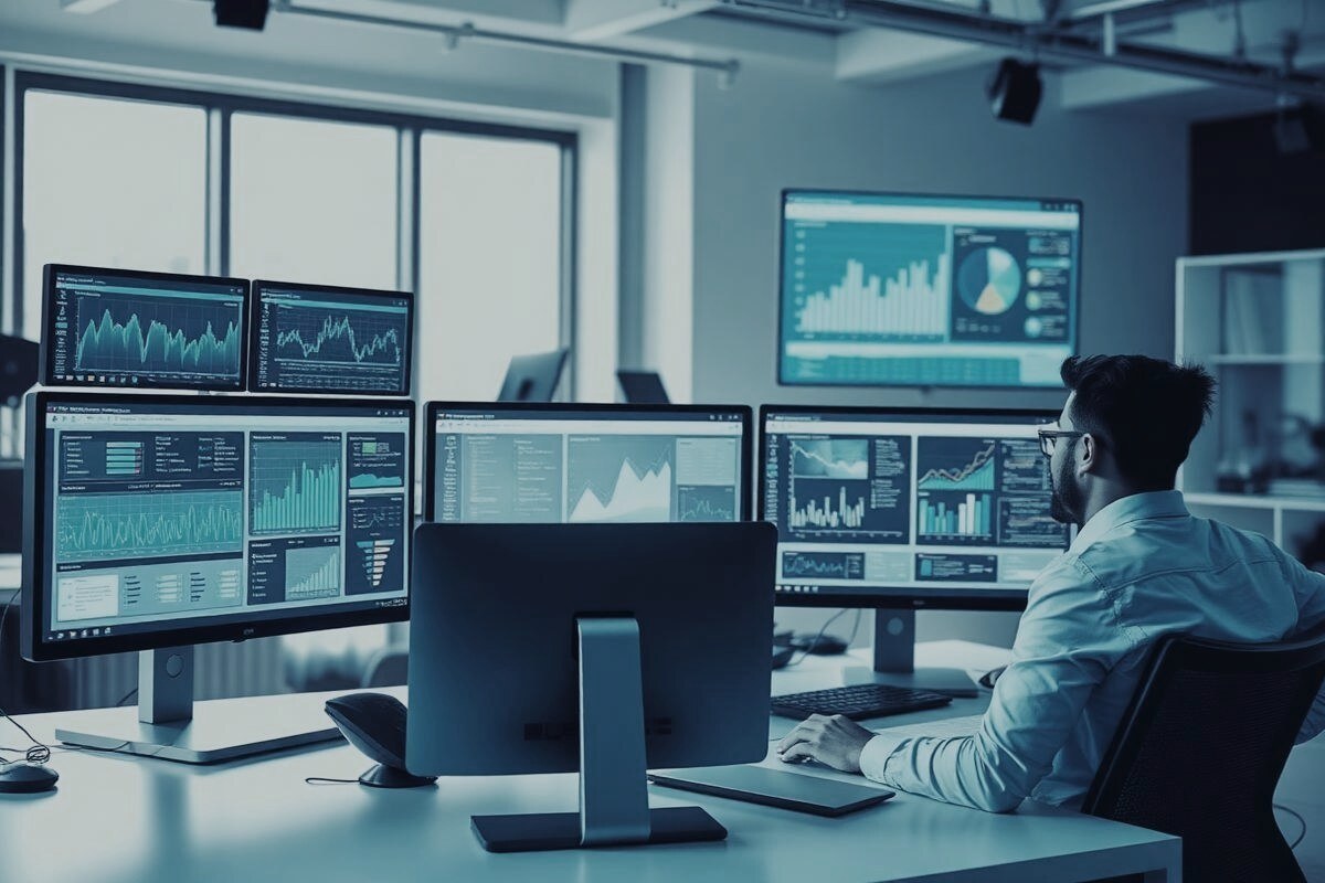 Analyst reviewing campaign performance dashboards on multiple monitors
