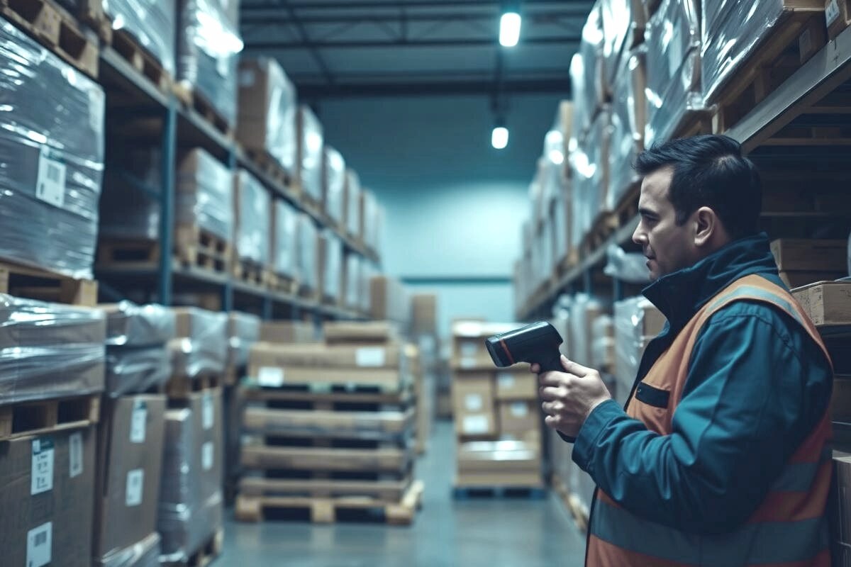 Worker scanning inventory among pallets in a retail stockroom