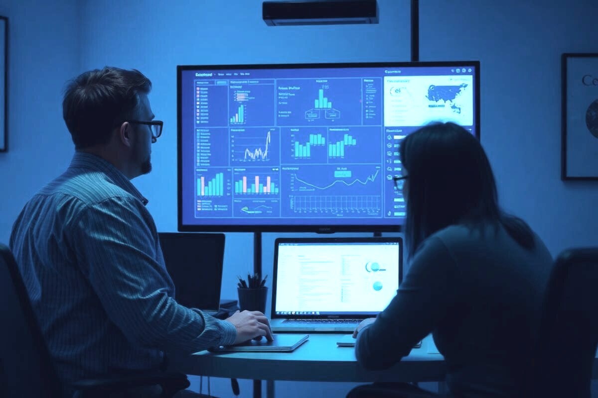 Two managers reviewing team performance records on screen