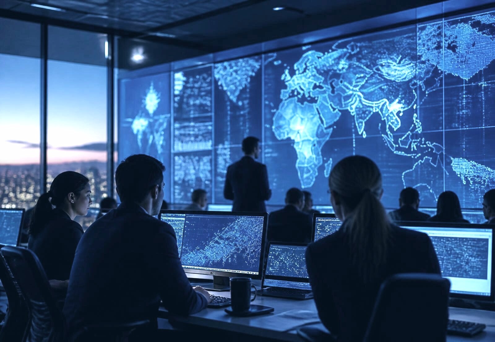 Operations command room at dusk with a glowing data wall and analysts at work
