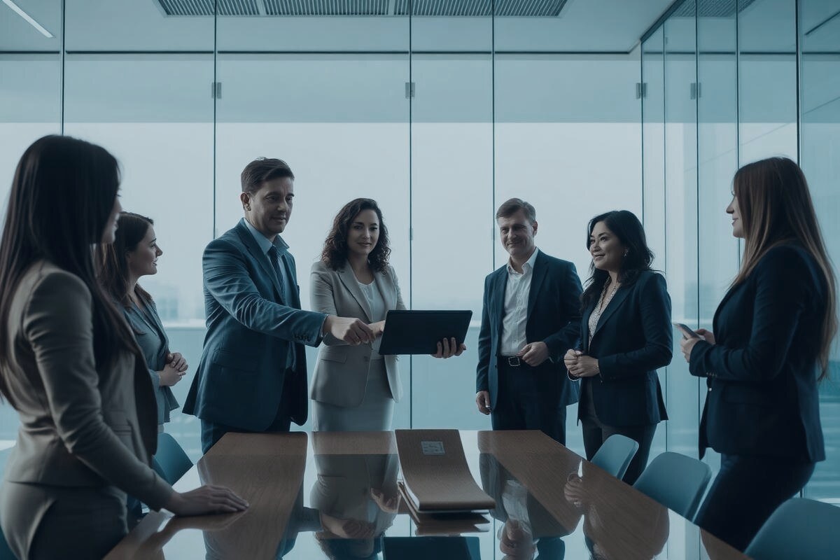 Colleagues handing off work to a specialist in a meeting room