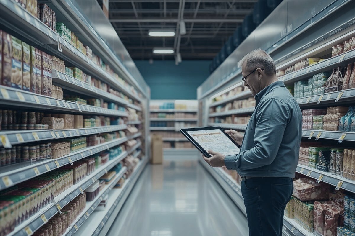 Category planner reviewing a planogram on a tablet in a store aisle