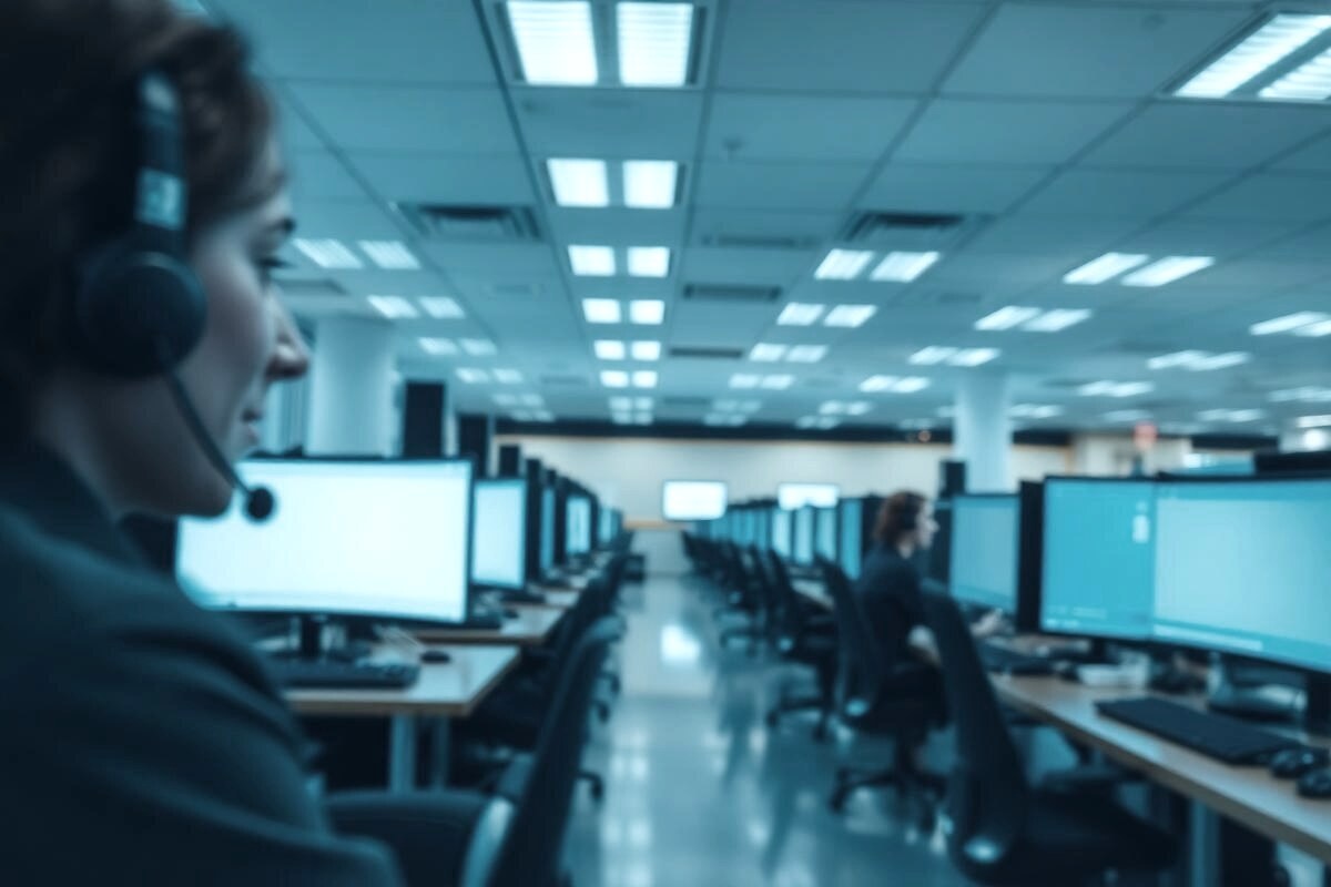 Contact center floor with agents on headsets at monitors