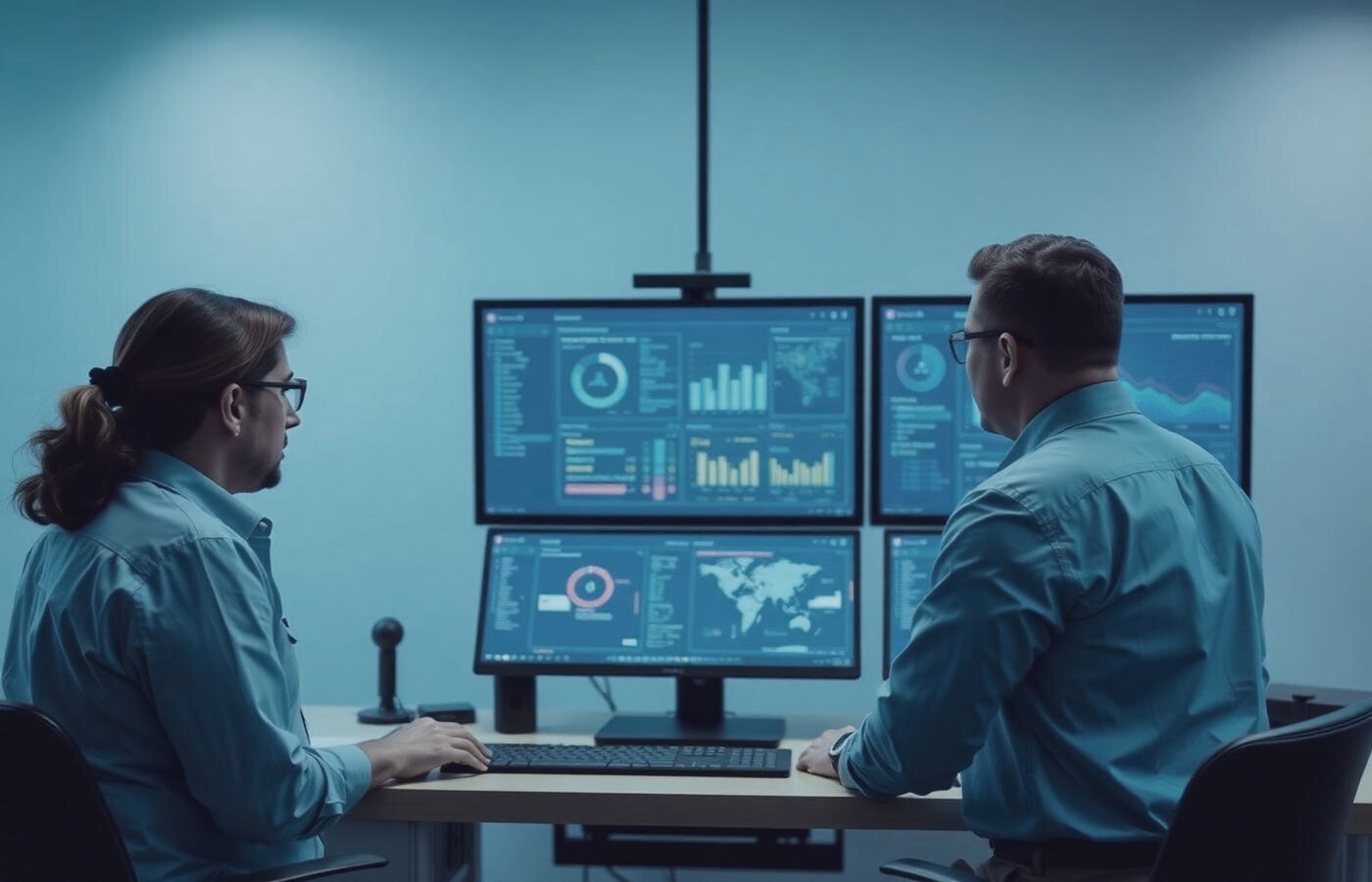 Analysts watching a live operational dashboard together