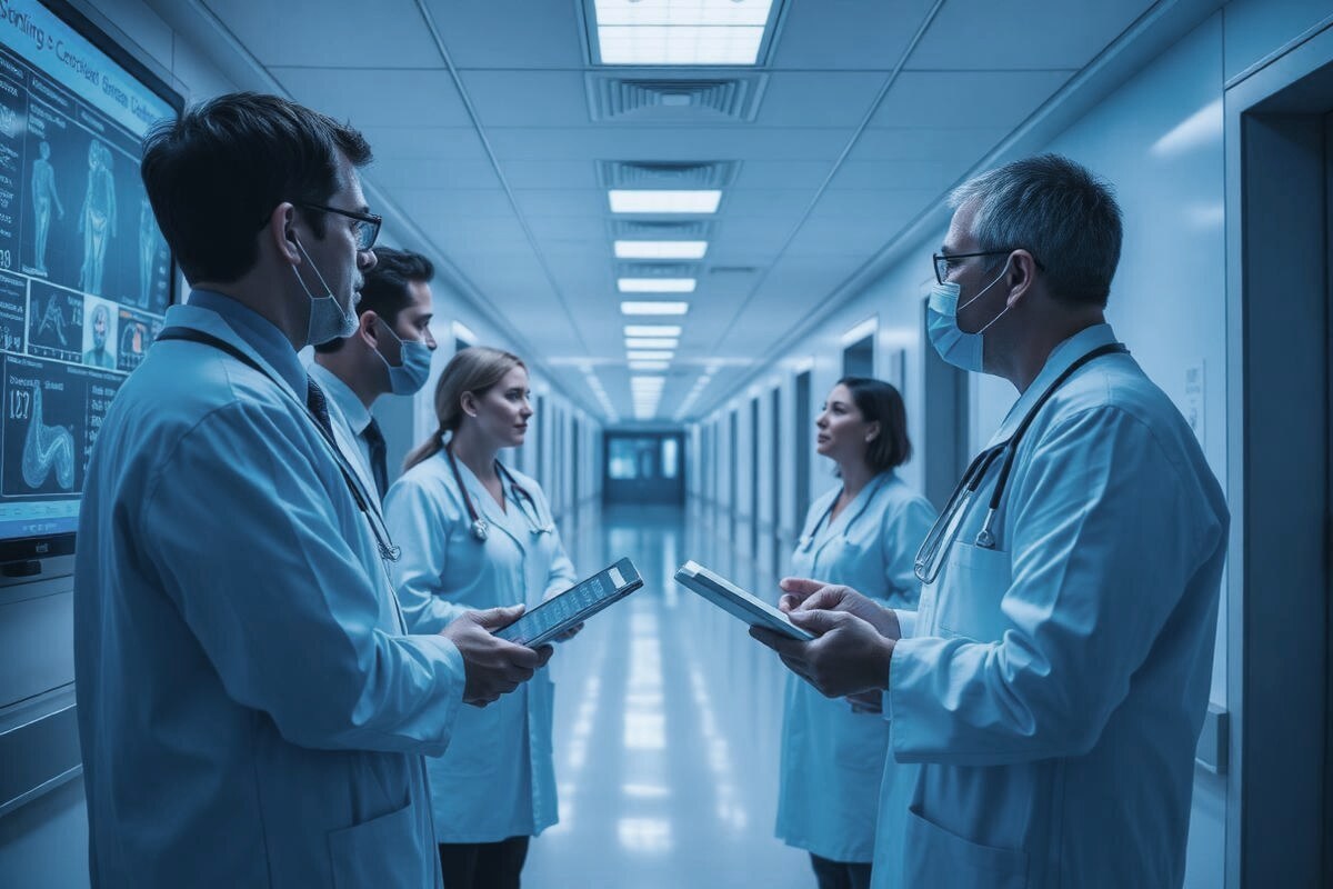 Clinicians reviewing patient data on screens in a hospital corridor