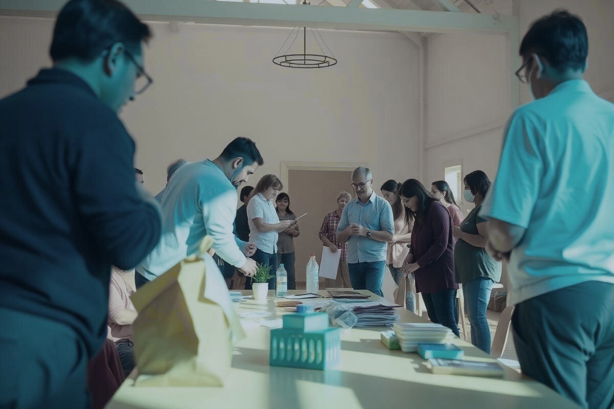Volunteers organizing a community gathering in a light-filled hall